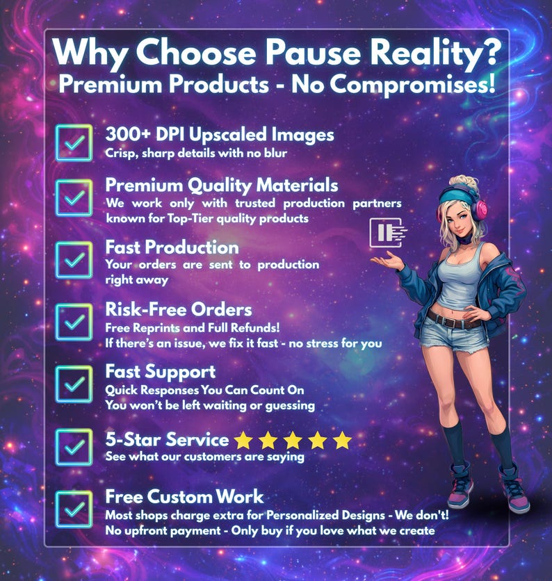 May include: A promotional graphic with the text "Why Choose Pause Reality?" and a list of benefits, including high-quality images and fast production. A cartoon woman is featured on the right side of the image.