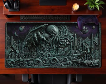 Cthulhu Bas Relief Desk Mat, Eldritch Horror Mouse Pad, Dark Fantasy Gaming Workspace
