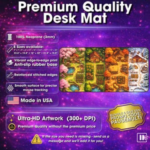 May include: A premium quality desk mat with a vibrant, edge-to-edge print featuring a detailed landscape design. Made in the USA, it has a smooth surface for precise mouse tracking and an anti-slip rubber base. Available in multiple sizes, including 9" x 7" and 19" x 8".