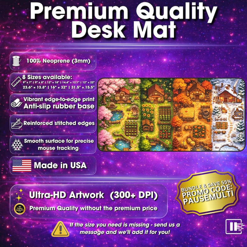 May include: A premium quality desk mat with a vibrant, edge-to-edge print featuring a detailed landscape design. Made in the USA, it has a smooth surface for precise mouse tracking and an anti-slip rubber base. Available in multiple sizes, including 9" x 7" and 19" x 8".