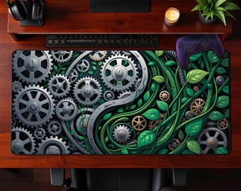 Biomechanical Gears Vines Desk Mat Industrial Nature Mouse Pad Extended Gaming Office Workspace Tech Green Gift