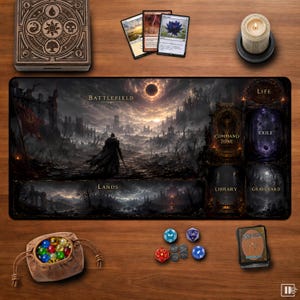 May include: A rectangular playmat featuring a dark fantasy landscape with a central figure, labelled zones for Battlefield, Lands, Command Zone, Exile, Library, Graveyard, and Life. Includes a wooden box, three trading cards, a candle, dice, and a pouch.