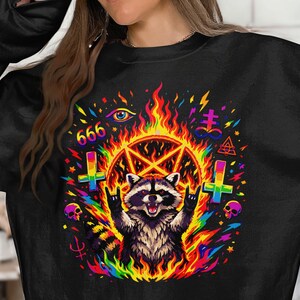 Rainbow Raccoon Pentagram Art, Satanic Rock On Heavy Metal Goth Design, Occult 666 Devil Eye Skull Flame, Colorful Edgy Witchy Aesthetic