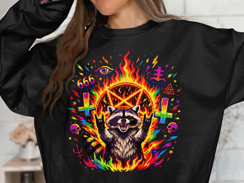 Rainbow Raccoon Pentagram Art, Satanic Rock On Heavy Metal Goth Design, Occult 666 Devil Eye Skull Flame, Colorful Edgy Witchy Aesthetic