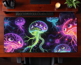 Podkładka pod mysz z neonowym mózgiem i meduzą w psychodelicznym neonowym kolorze, świecąca w ciemności, idealna do biura gamingowego