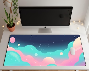 Tappetino da scrivania minimalista con galassia pastello, simpatico tappetino per mouse spaziale, tappetino da scrivania Kawaii con pianeta Saturno, decorazione estetica con nuvole rosa e blu, grande idea regalo