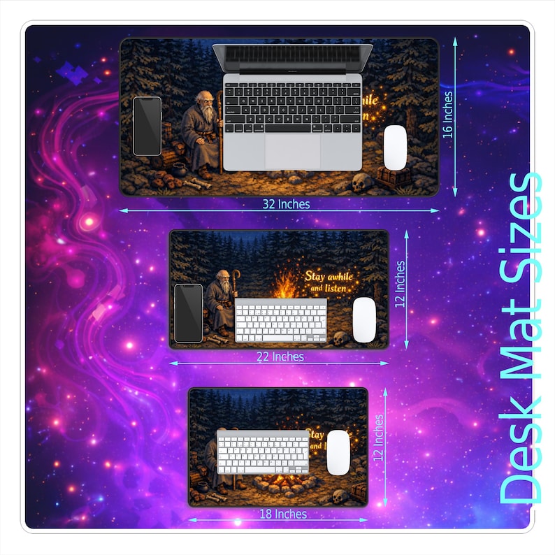 Puede incluir: Se muestran tama&ntilde;os de alfombrillas de escritorio. Las alfombrillas presentan una escena de bosque con un anciano, un teclado, un rat&oacute;n y un smartphone. La alfombrilla m&aacute;s grande mide 81 cm de ancho y 41 cm de alto. El texto "Stay awhile and listen" est&aacute; presente.