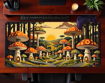 Fantastyczna podkładka pod mysz z motywem grzybowej wioski, fantastyczny las, zaczarowane krasnale, rozszerzona podkładka pod mysz, przytulny prezent do gier w miejscu pracy