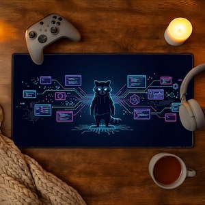 May include: A rectangular mousepad with a raccoon graphic in a hoodie, surrounded by neon-style coding elements. The background is dark blue. A gray game controller, headphones, and a cup of coffee are on a wooden surface.