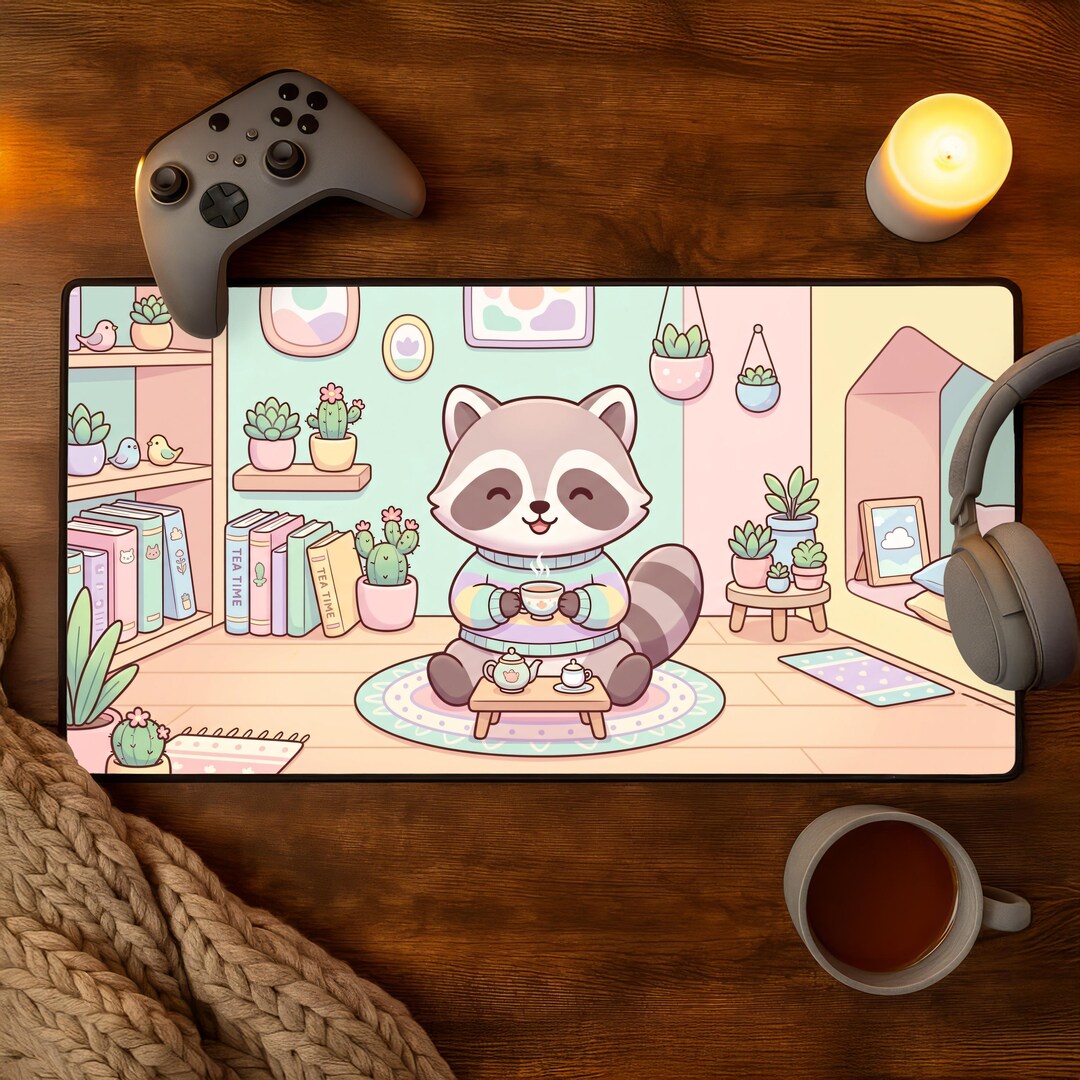 Cute Raccoon Tea Time Desk Mat Kawaii Trash Panda Cozy Gaming Mouse Pad ...
