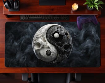 Intricate Skulls Yin Yang Desk Mat Dark Gothic Fantasy Extended Mousepad Macabre Elegant Gaming Office Workspace Gift for Gamers