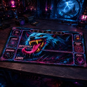 May include: A rectangular gaming playmat featuring a central illustration of a snarling blue wolf with yellow eyes and a pink tongue. The mat includes labeled zones for Tax, Library, Graveyard, Lands, Life, Command Zone, and Exile in white text.