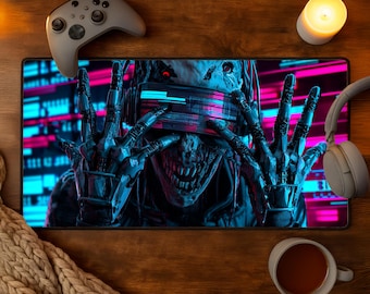 Cyberpunk Horror Desk Mat Neon Glitch XXL Mouse Pad for Cyberpunk Gamer Setup - Cool Futuristic Glitch Art Christmas Gamer Gift Idea