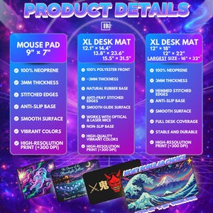 May include: Product details for mouse pads and XL desk mats. The mouse pad is 9" x 7". XL desk mats come in multiple sizes, including 12" x 18", 12" x 22", and a largest size of 16" x 32". Features include neoprene or polyester front, anti-slip base, and high-resolution print.