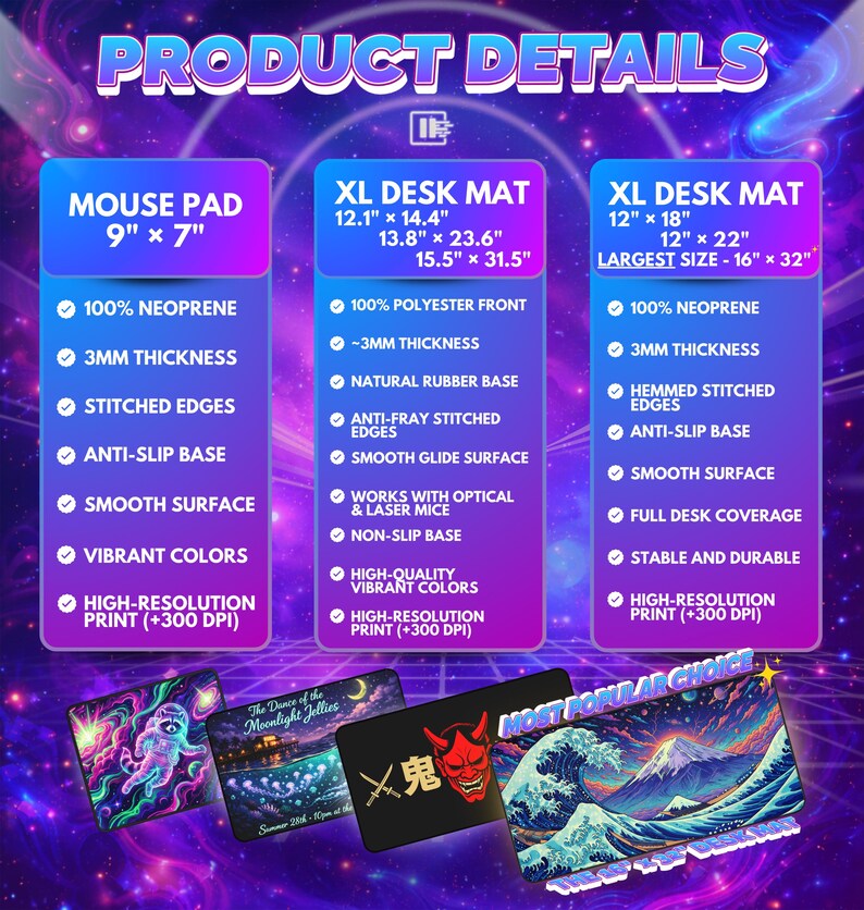 May include: Product details for mouse pads and XL desk mats. The mouse pad is 9" x 7". XL desk mats come in multiple sizes, including 12" x 18", 12" x 22", and a largest size of 16" x 32". Features include neoprene or polyester front, anti-slip base, and high-resolution print.