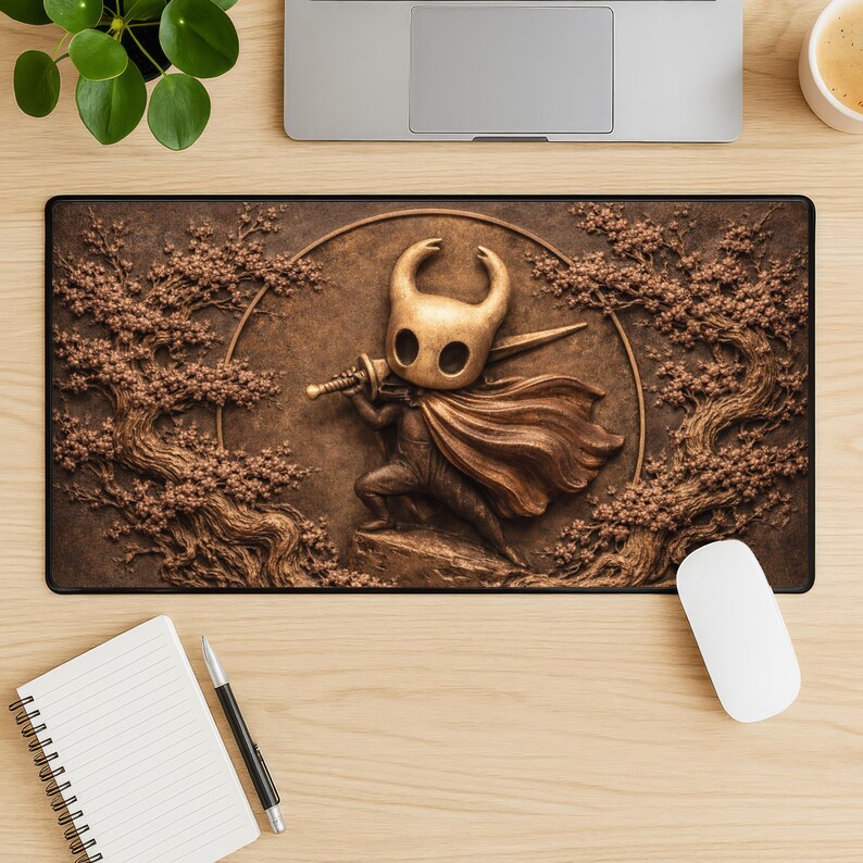 May include: A brown mousepad featuring a detailed relief of a character with a sword and cape, set against a backdrop of stylized trees and a circular frame. The design is in shades of brown and gold.