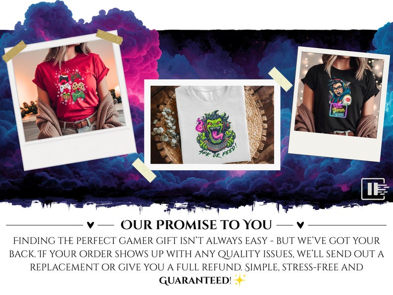 Puede incluir: Tres camisetas con dise&ntilde;os gr&aacute;ficos se muestran en marcos estilo polaroid. Una es roja con un dise&ntilde;o navide&ntilde;o, otra es blanca con un gr&aacute;fico de monstruo y el texto "F**k or Feed!", y la tercera es negra con un dise&ntilde;o de jugador.