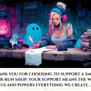 Gamer at desk with headphones, writing on paper; "Thank you" message.