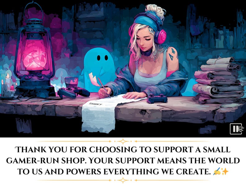 Gamer at desk with headphones, writing on paper; "Thank you" message.