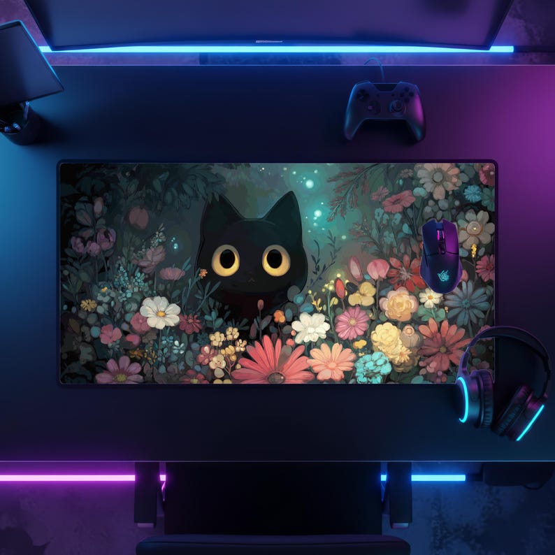 Puede incluir: Una alfombrilla de rat&oacute;n rectangular con un gato negro de grandes ojos amarillos que asoma por un colorido jard&iacute;n floral. Tambi&eacute;n se ven un rat&oacute;n para juegos, un mando y unos auriculares.