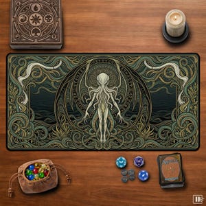 May include: A rectangular playmat featuring a central illustration of a tentacled humanoid figure surrounded by intricate swirling patterns in shades of green, beige, and black. The design includes a circular border with runic symbols.