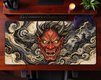 Japońska podkładka pod mysz Oni Mask na biurko Golden Storm Clouds, rozszerzona, do gier i biura