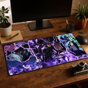 May include: A rectangular desk mat featuring a vibrant anime-style illustration with a dark purple and black color palette. The design showcases a central character surrounded by glowing purple lightning bolts and various action-oriented scenes.