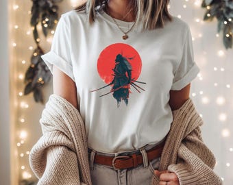 Japanese Red Sun Samurai Warrior Ink Style T-Shirt, Minimalist Japan Culture Graphic Tee, Martial Arts, Anime, Streetwear Gamer Gift Idea