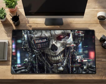 Cyberpunk Skull Desk Mat XXL Gaming Mouse Pad for Gamer Room Setup Edgy Glitch Art Gift for Gamers Video Games Streaming Workstation Decor