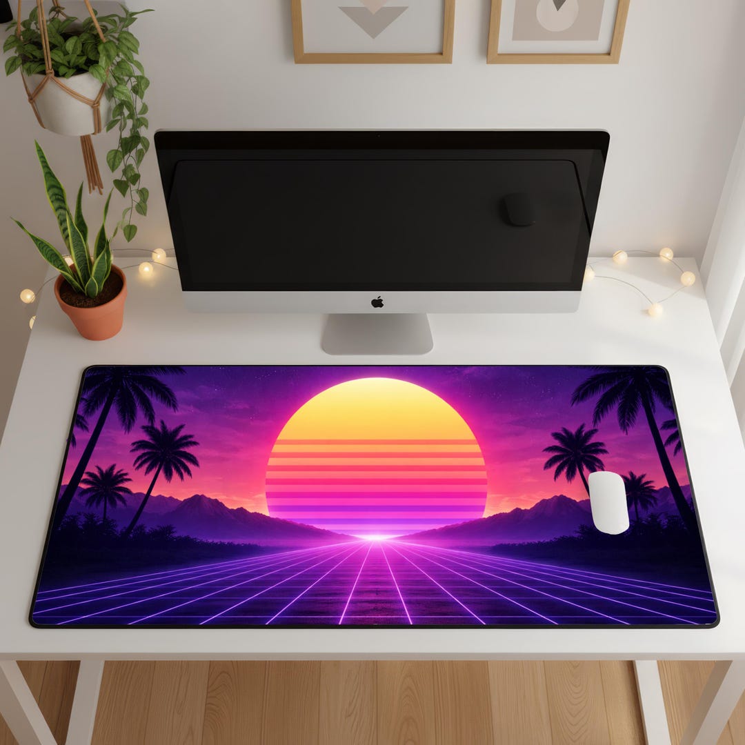 Vaporwave Sunset Desk Mat Retro Synth Grid Aesthetic Gamer Setup XXL ...