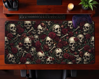 Makabryczna podkładka na biurko z gotycką czaszką, czerwoną różą i cierniowymi pnączami, rozszerzona podkładka pod mysz, prezent na dzień matki, sztuka gotycka, biuro, przestrzeń robocza, estetyczny prezent