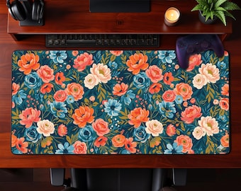 Żywa turkusowa, koralowa, kwiatowa podkładka na biurko, artystyczne kwiaty botaniczne, rozszerzona podkładka pod mysz, prezent na Dzień Matki, dekoracja biura