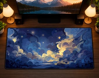 Alfombrilla de ratón XXL para juegos con nubes en tonos pastel / Alfombrilla de escritorio Noche estrellada, decoración de espacio de trabajo con luces serenas y oníricas