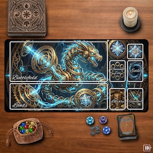 May include: A rectangular playmat featuring a central mechanical dragon illustration with blue energy, labeled sections for Battlefield, Lands, Life, Command Zone, Exile, Library, and Graveyard, accompanied by a dice bag, dice, and a card deck.