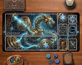 Steampunk Dragon MTG Playmat Desk Mat TCG Game Mat Gold Clockwork Creature Gamer Gifts Magic The Gathering Play Area