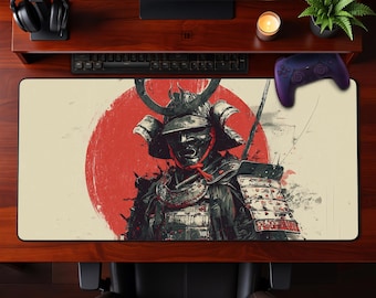 Samurai Warrior Desk Mat Japanese Red Sun Mouse Pad Extended Mousepad Gaming Office Aesthetic Workspace Gift