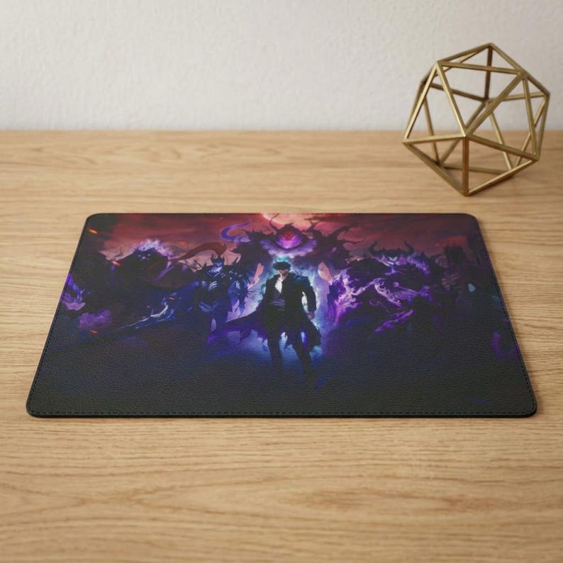May include: A rectangular mouse pad featuring a dark, atmospheric illustration of a central figure in a black coat surrounded by shadowy, purple-glowing spectral entities against a deep red and black background with a geometric wireframe sculpture.