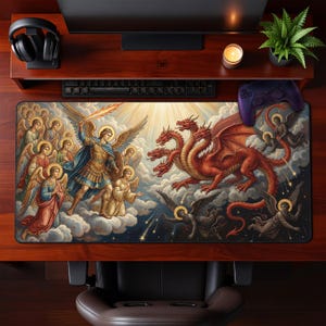 Op de afbeelding: Een rechthoekige gaming muismat met een gedetailleerde illustratie van engelen en een driekoppige rode draak. Het kunstwerk toont een gevechtsscène met helder licht. De muismat ligt op een houten bureau.