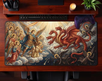 Chrześcijańska podkładka na biurko Archanioł Michał kontra Czerwony Smok Bitwa Rozszerzona podkładka pod mysz Religijna dekoracja Epic Fantasy Gaming Workspace Gift