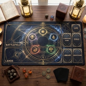 May include: A rectangular black playmat featuring a circular design with five elemental symbols in gold, blue, red, green, and white. The mat includes labeled zones for Battlefield, Lands, Life, Command Zone, Exile, Library, and Graveyard in gold text.
