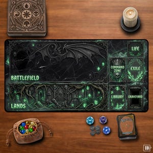 May include: A rectangular gaming playmat featuring a dark, gothic-inspired design with green glowing accents, labeled sections for Battlefield, Lands, Command Zone, Exile, Library, and Graveyard, accompanied by a dice bag, dice, and a card deck.