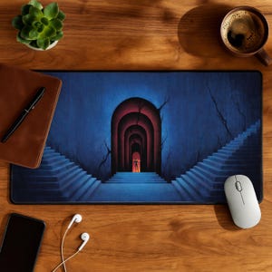 May include: A rectangular mouse pad featuring a surreal illustration of a person standing in a series of archways. The artwork has a blue and red color scheme with stairs on either side. A white mouse and other office supplies are on a wooden desk.