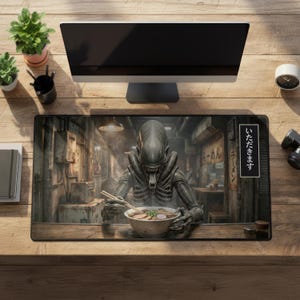 Alfombrilla de escritorio alienígena, alfombrilla de ratón con fideos ramen de xenomorfos, alfombrilla de ratón única para juegos de ciencia ficción, alfombrilla de ratón de terror con temática de comida y cultura japonesa para ordenador.