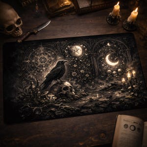 Peut inclure: Un tapis de bureau rectangulaire présentant une illustration sombre et détaillée d'un corbeau noir perché sur un crâne humain. La scène comprend un pentagramme, un croissant de lune, des bougies allumées, des champignons et des motifs géométriques complexes.