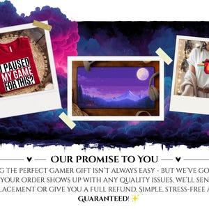 Puede incluir: Una camiseta roja con el texto I PAUSED MY GAME FOR THIS, una alfombrilla de escritorio rectangular con un paisaje monta&ntilde;oso morado y luna llena, y una camiseta blanca con un gallo con sombrero de vaquero y rayas de colores.