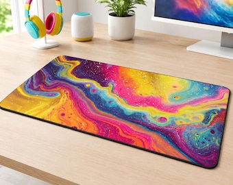 Colorful Abstract Desk Mat, Vibrant Fluid Art Large Mouse Pad, Rainbow Marbled Office and Gaming Desk Mat