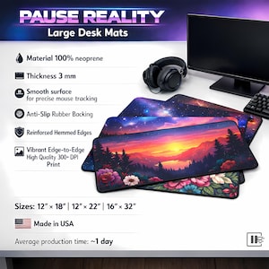 Large desk mats with vibrant nature designs, 3mm neoprene, various sizes.