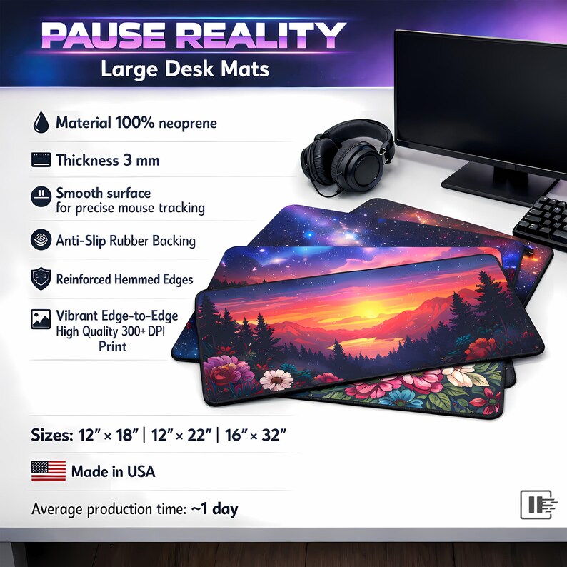 Large desk mats with vibrant nature designs, 3mm neoprene, various sizes.