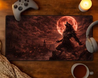Werewolf Desk Mat MTG Playmat with Zones Blood Moon Gothic Werewolf Horror Gaming Mousepad XXL Dark Fantasy Cityscape Gamer Setup Decor