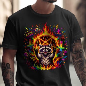 Psychedelic Raccoon Pentagram 666, Satanic Occult Art, Rainbow Flames Skull, Heavy Metal Rock and Roll Goth, Eye Leviathan Cross
Raccoon